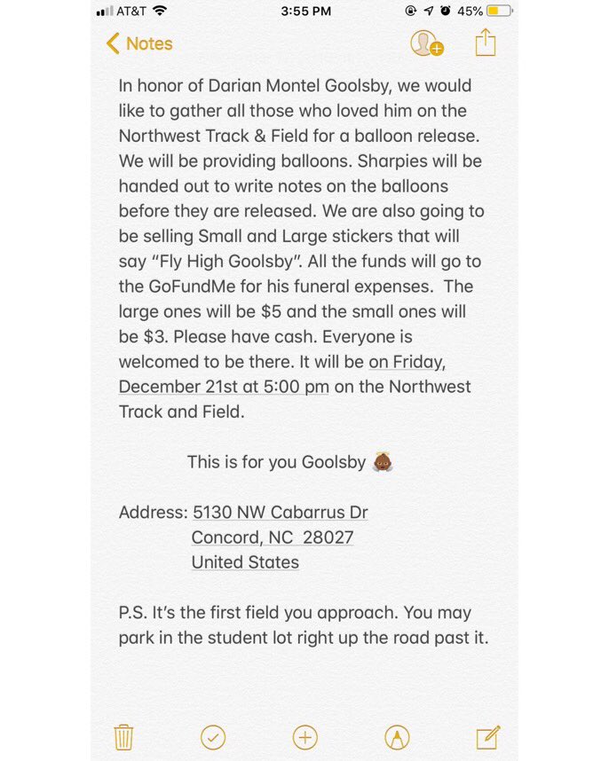 CameronBauer12's tweet photo. We are having a ballon release for Darian this friday at NorthWest High School in Concord on the track. Anyone is invited more information below⬇️⬇️. #FlyHighGoolsby https://t.co/pIGzcfniq1