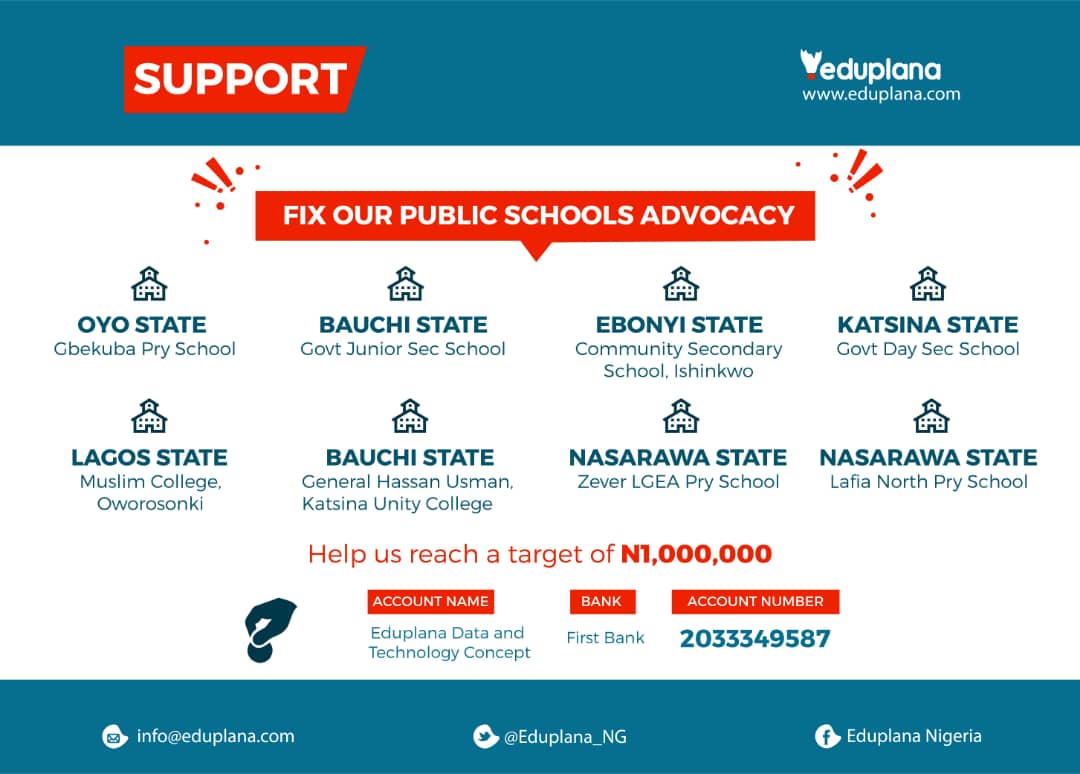 #SupportEduplana: a civic-tech org; monitoring public education in Nigeria #PlanEducation 

'With N2,000 you can ensure we demand the Federal Govt increase Education Funding. With N2,000 you can ensure 50 students learn in a conducive classroom.'-@Eduplana_NG

#FixPublicSchools