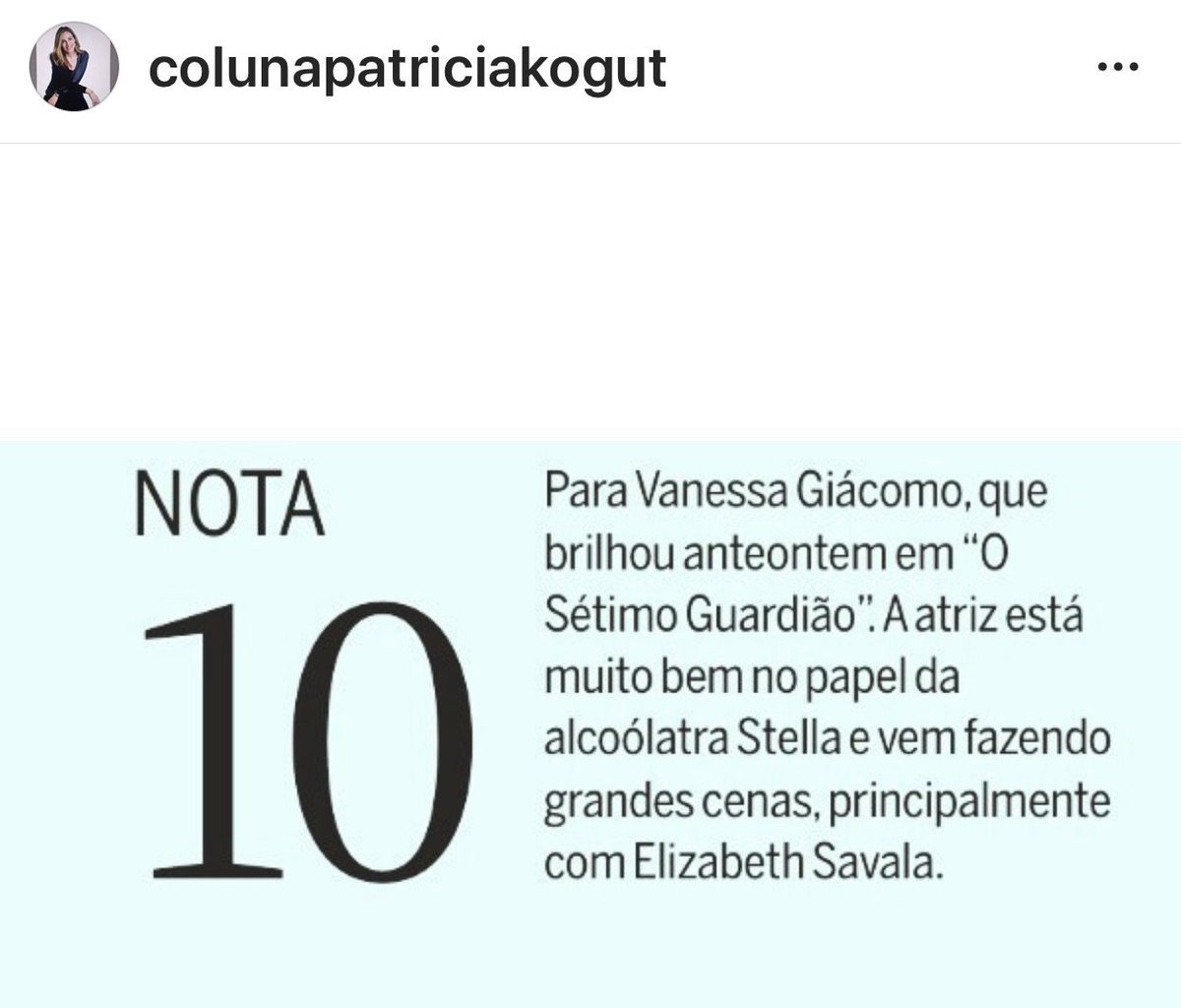 VanessaGiacomo1's tweet photo. Obrigada @PatriciaKogut ! É muito bom receber essas palavras! Estou amando esta sinergia incrível com o autor, direção, equipe e esse nosso grande elenco... https://t.co/F0Tu2H09FE