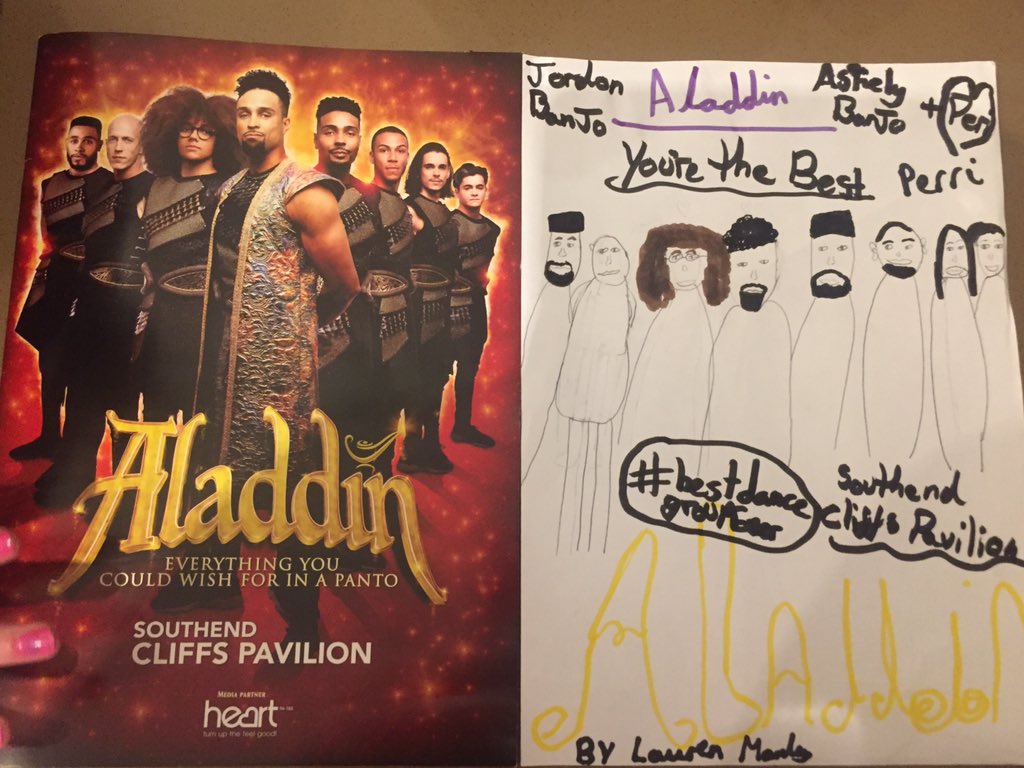 JennieManley's tweet photo. The panto was fantastic yesterday at @SouthendTheatre and my daughter and niece were so inspired they completed drawings in the Restaurant afterwards. 
@AshleyBanjo @perrikiely ✏️ 🧞‍♂️ 🎄 😊 https://t.co/TwxCn94Vrc