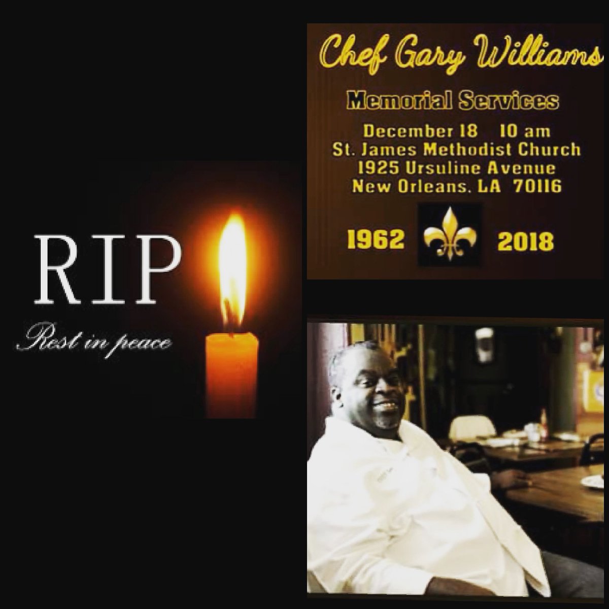 ChefGaryWms's tweet image. Final Arrangements for Gary Williams is as follows

December 18, 2018
St.James Methodist church
1925 Ursuline Ave
New Orleans, La 70116
10am 

We appreciate all the love and support 💜💜💜💜