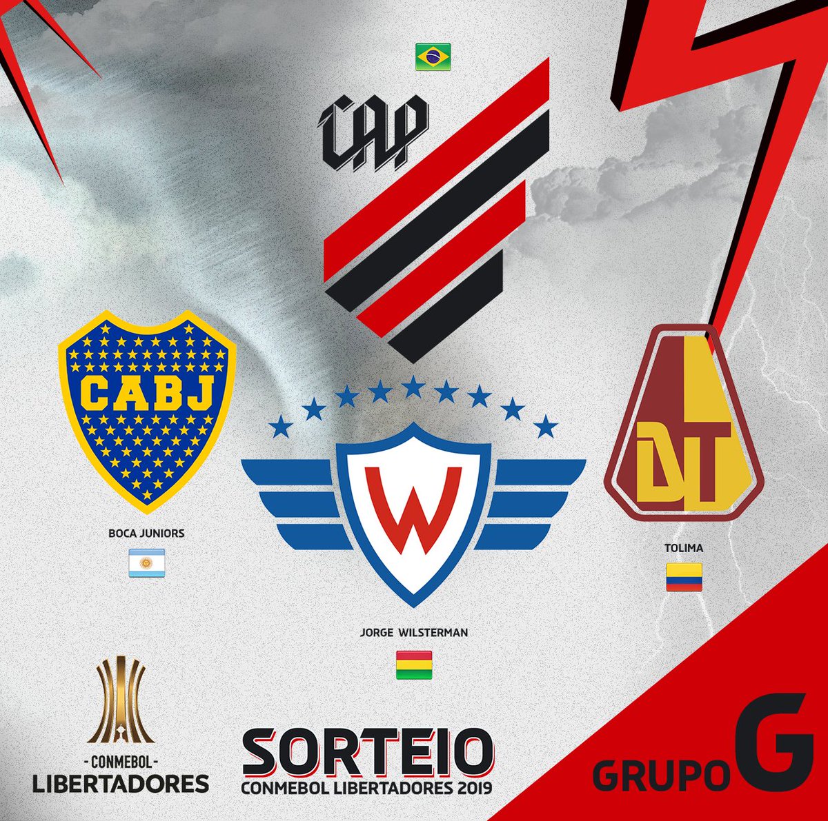 AthleticoPR's tweet photo. Sorteio definido! Este será o grupo do Furacão na Conmebol Libertadores 2019: Athletico, Boca Juniors (Agentina), Jorge Wilsterman (Bolívia) e Tolima (Colômbia).
Vamos, Furacão! 🌪️🔴⚫️ https://t.co/EftZFD2j0a