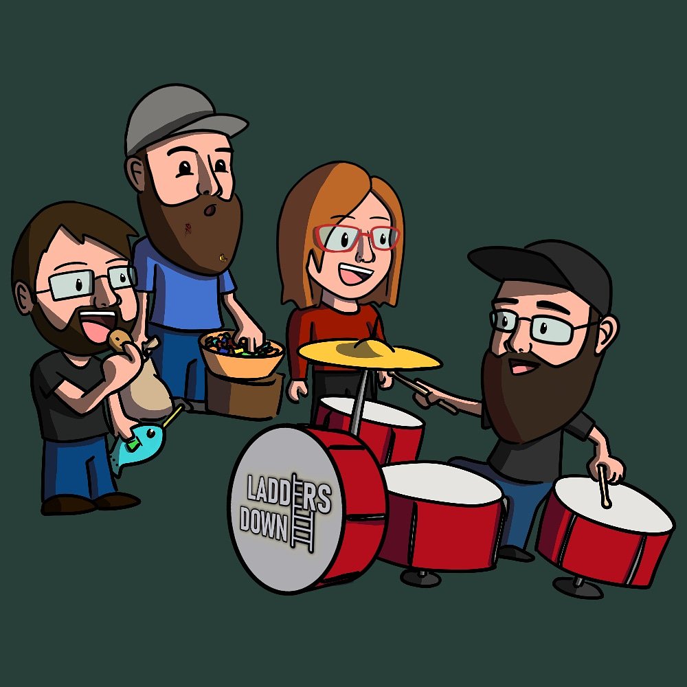 GamerHeroine's tweet photo. This is a drawing I did today of the @LaddersDown admin crew @nodicetv , @wafflecone , @fshsuit and myself. Soon to be found on merch! Next After Dark Podcast is tomorrow 10pm EST at https://t.co/XgWgLsSZiR #digitalart #laddersdown #podcast https://t.co/pfMgeAkgUh https://t.co/3EOxE0pktX