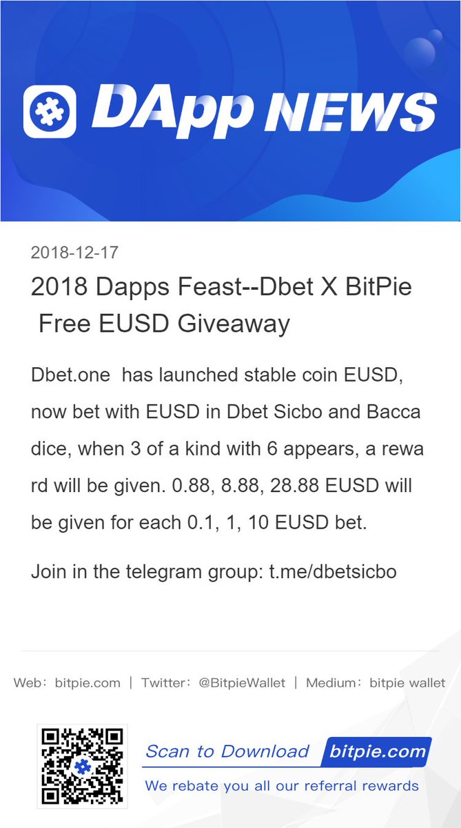 BitpieWallet's tweet photo. https://t.co/vLuLZhXox1 is a EOS based  gaming center with highest odd and payout.

Dbet launched EUSD bet! now bet with EUSD in Dbet Sicbo and Baccadice, when 3 of a kind with 6 appears, a reward will be given. 0.88, 8.88, 28.88 EUSD will be given for each 0.1, 1, 10 EUSD bet! https://t.co/pVa2Zk64Rz