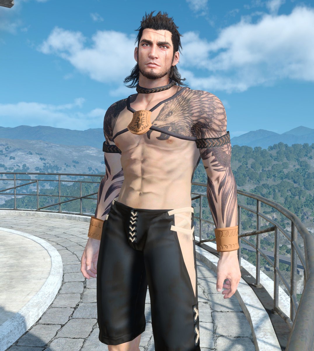 Glorious_Gladio's tweet photo. From FFXIV, I have given Gladio 'Hempen Highlander' undergarments! I was inspired by a wonderful drawing by @emomim. This outfit is quite suited to Gladio, don't you think? π DL: https://t.co/EU6OPIzEJk #FFXV #FF15MOD #FF15MODWATCH https://t.co/rpKciI8pu1