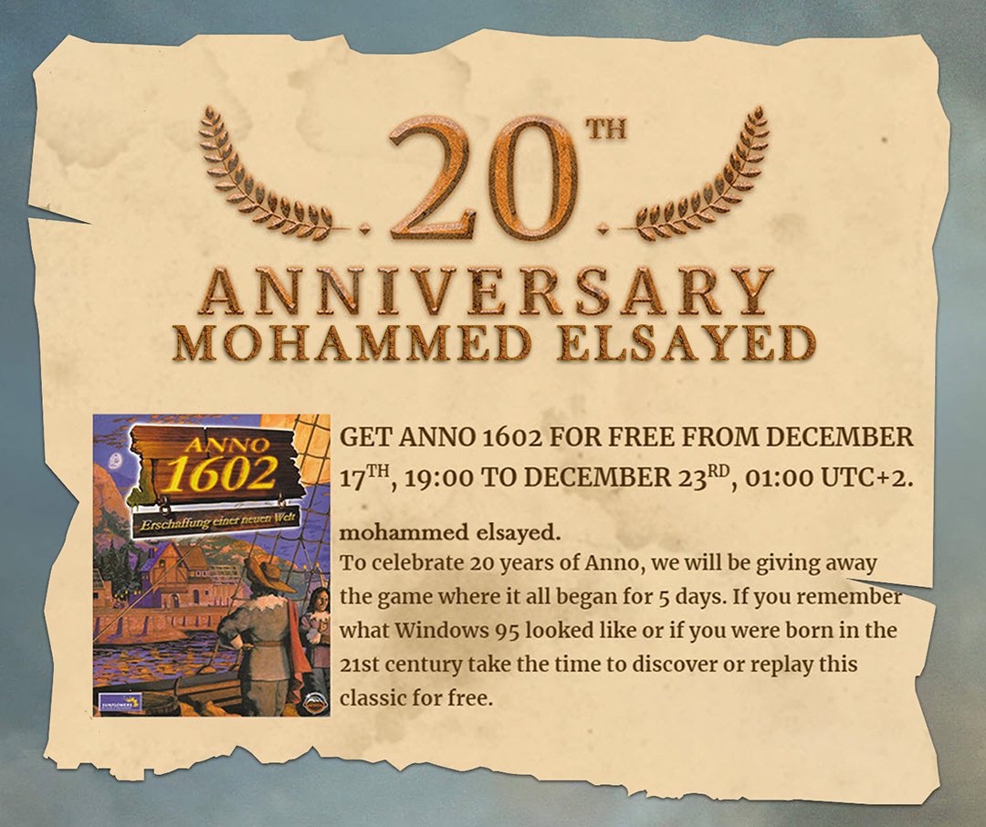 MxElSayed's tweet photo. #Giveaway :
Grab a FREE COPY of #Anno1602
from @Ubisoft on @UbisoftUplay right now!
.
FREE Until 23 December!
.
The Link:
https://t.co/PhsxzqXsMH
.
#MohammedxElSayed
.
.
.
.
#Ubisoft #Uplay
#Giveaways
#FreeGameDownload
#PCGame #Gaming
#PCGames #FreeGames
#Free #FreeGame https://t.co/73xgicYPAN