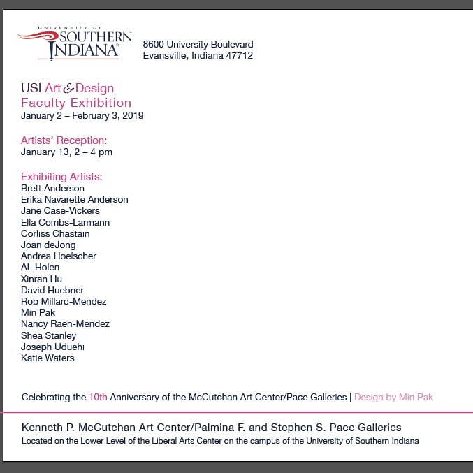 MAC_Pace's tweet image. Though the Gallery is closed for Holiday Break, we will reopen on January 2nd for the 2019 USI Art &amp;amp; Design Faculty Exhibition.