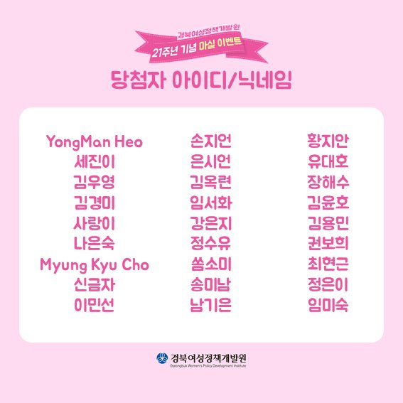 [ #경북여성정책개발원 21주년 기념 #SNS이벤트 당첨자 발표 ]

경북여성정책개발원의 21번 째 생일을 축하해 주신 모든 분들께 감사드립니다♥

기프티콘 수령을 위한 개인정보 제공 등 자세한 내용은 네이버 블로그 당첨자 발표 글(📌bit.ly/2LnmFnh)을 참고해 주세요!

#경상북도