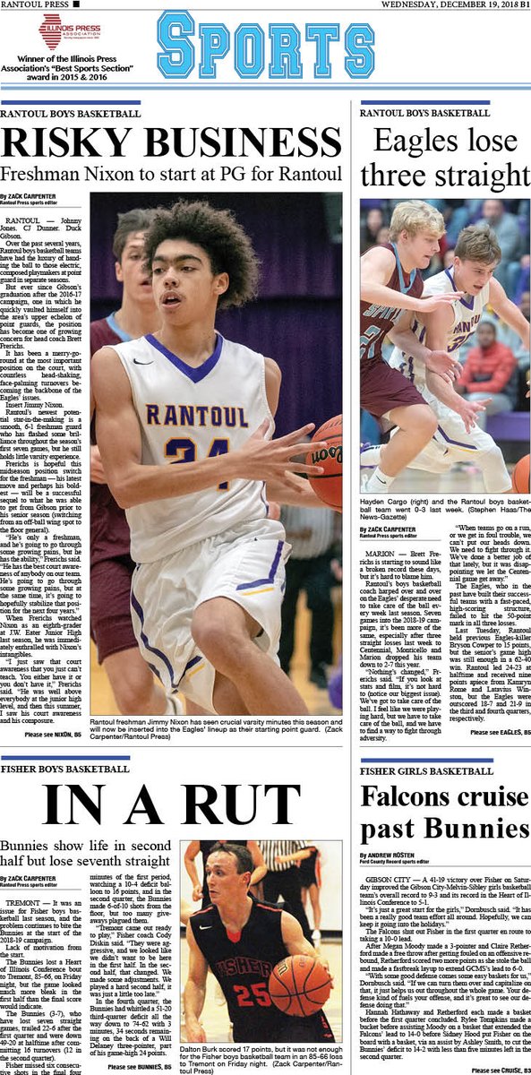This week's <a href="/TheRantoulPress/">The Rantoul Press</a> sports cover ft. <a href="/RthsHoops/">RTHS HOOPS</a> move to start freshman Jimmy Nixon at point guard + <a href="/fisherbball/">fisher4</a> second-half comeback vs. Tremont that fell short