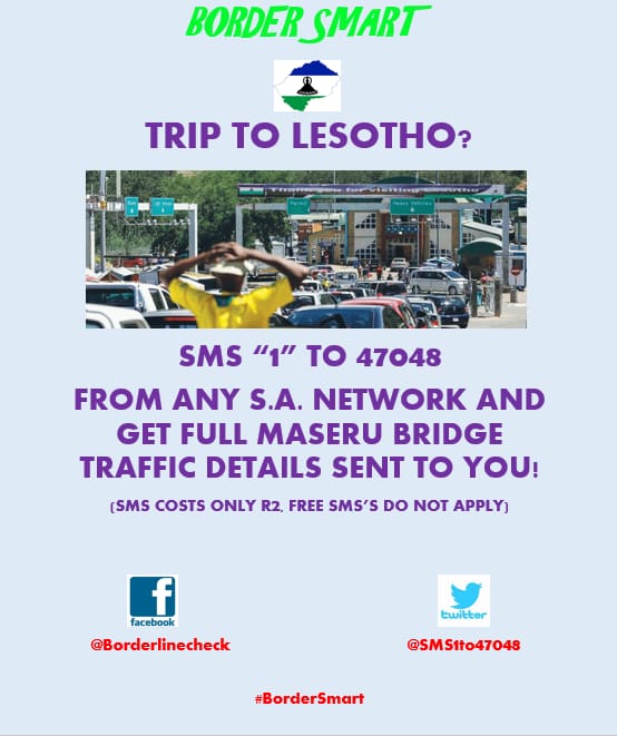 sms1to47048's tweet photo. An excellent tip when travelling to #Lesotho!
Get #MaseruBridge Border Traffic Info when you SMS "1" to 47048 from any South African network!
(sms costs only R2, free sms's do not apply)
#BorderSmart #sms1to47048
Retweet a helpful tip today! https://t.co/jEeuFDc8Rf