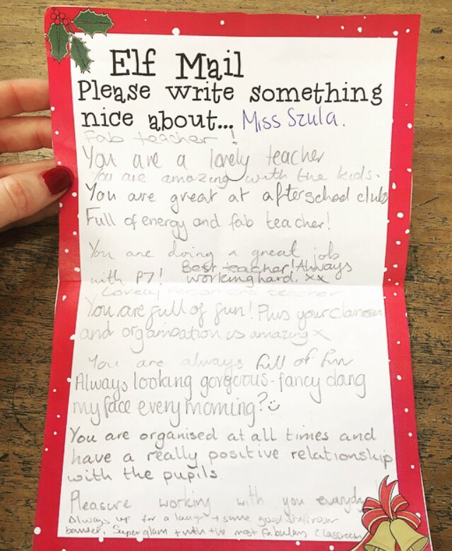 MissSzula's tweet photo. I received special mail this morning! Such a thoughtful and kind way to end an amazing term with incredible staff. Thank you @CadderPrimary ✨
#Positivity #Kindness #ElfMail https://t.co/6djdAcjXrY