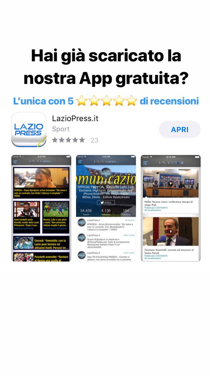 Avete già scaricato la nostra app gratuita? L’unica con 5 ⭐️⭐️⭐️⭐️⭐️ di recensioni..... un motivo ci sarà
CERCALA NEGLI STORE
➡️ #Android https://play.google.com/store/apps/details?id=com.goodbarber.laziopress&hl=it …
➡️ #iPhone https://itunes.apple.com/it/app/laziopress-it/id936378960?mt=8 …
