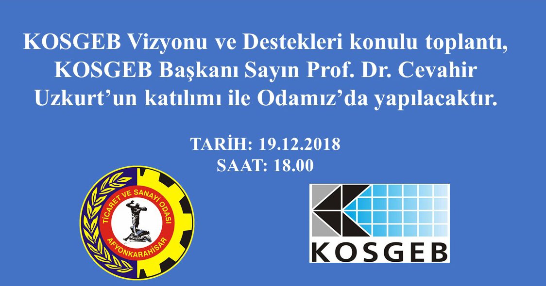 19.12.2018 Çarşamba (Yarın) saat 18.00’da KOSGEB Başkanı Sayın Prof. Dr. Cevahir Uzkurt’un katılımı ile KOSGEB Vizyonu ve Destekleri konulu toplantı Odamız'da düzenlenecektir. Katılım için lütfen tıklayınız: 
docs.google.com/forms/d/e/1FAI…