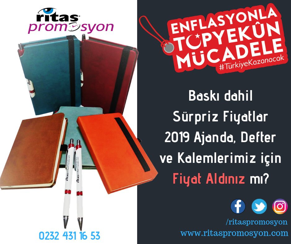 ritasreklam's tweet photo. Baskı dahil Sürpriz Fiyatlar #2019 #Ajanda , #Defter ve #Kalemlerimiz için Fiyat Aldınız mı?
https://t.co/O8zAFi5Rxz 0232 431 16 53
#salı #SonerErgen #NecipHablemitoğlu #CokGecOlmadan #promosyon #tasarım #izmir #izmirpromosyon #egeplatform #EgeZirvede #EKONOMİ #EkonomikKriz https://t.co/cGYc7CKUZm