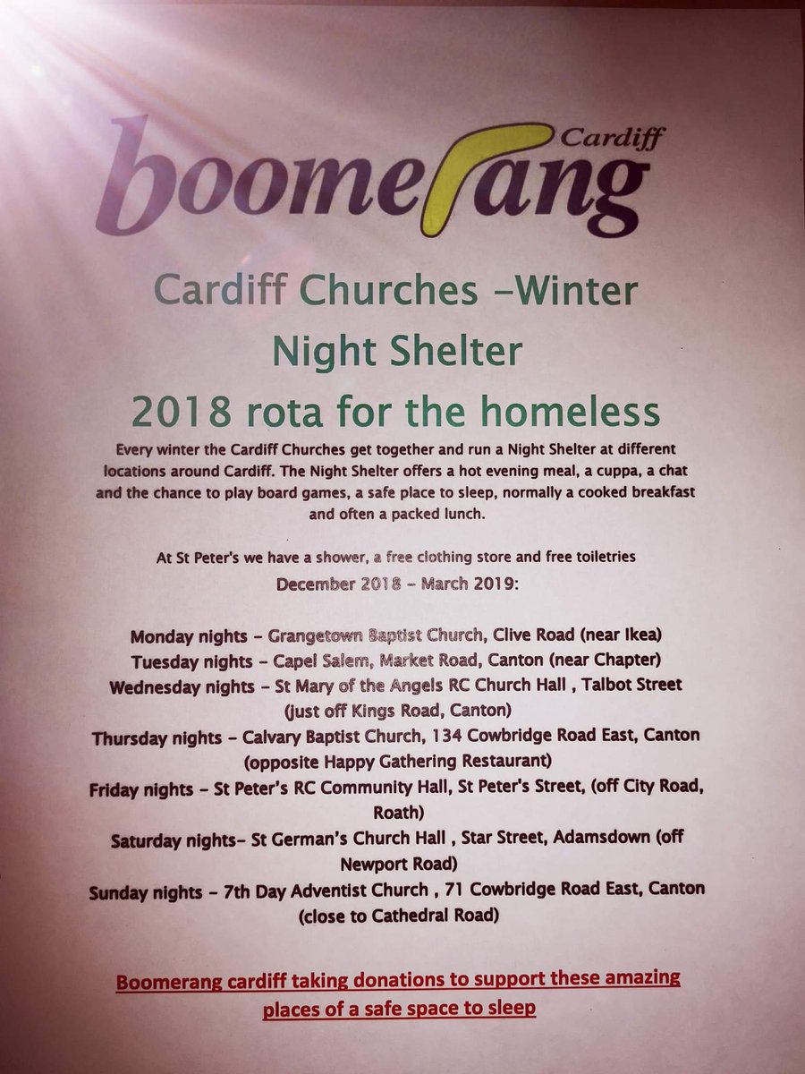 Our friends at <a href="/boomerangcardif/">Boomerang Cardiff</a> are teaming up <a href="/cardiffchurches/">Churches of Cardiffن</a> to collect for the homeless. They are opening their doors from December to March. Please RT to gain awareness.