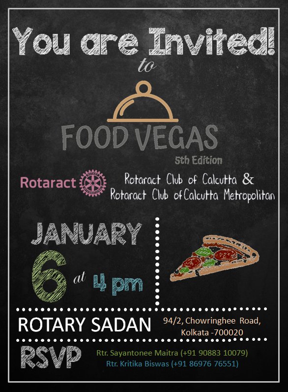 rc_calcutta's tweet photo. You are Invited to #FoodVegas
https://t.co/IJyMI8xkkS
#FoodVegas19 #RotaractCalcutta #RotaractMetropolitan #Rotaract #Rotaract3291 #FoodFestival #Christmas #NewYear #WinterSession #celebration #PotLuck #Calcutta #Kolkata #Events https://t.co/NB4Ta7F8pP