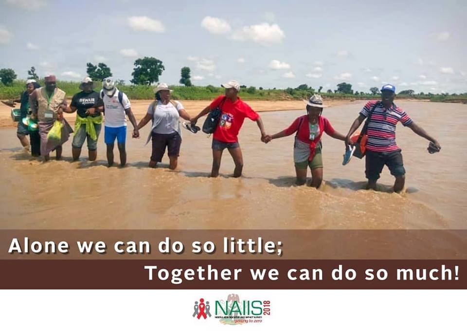 Members of a NAIIS field team join hands together to cross a shallow section of a river, somewhere in Nigeria's vast and feature-rich terrain.
#FieldImplementation #NorthEast #Nigeria #NAIIS2018 #NAIIStoKnow #GettingToZero