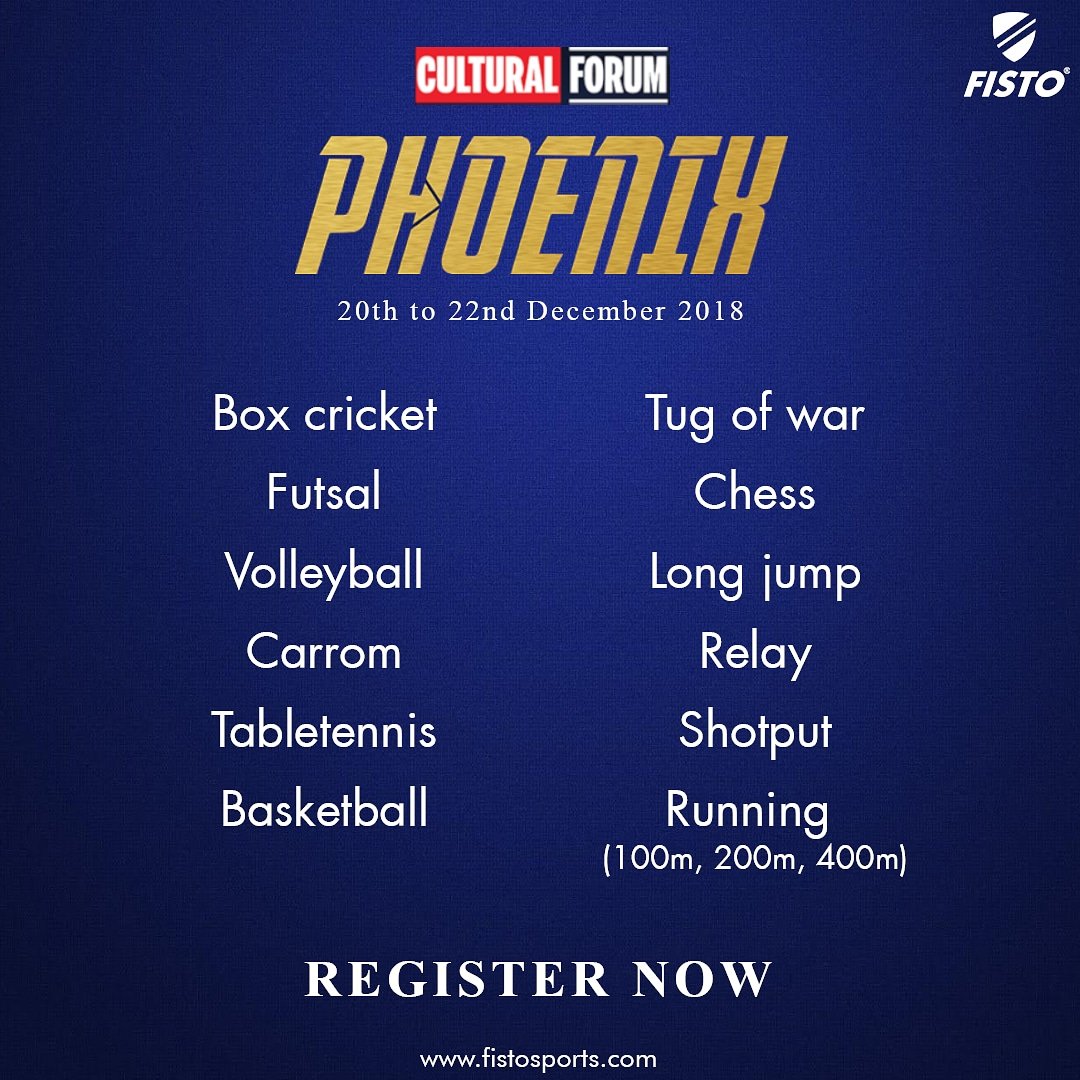 FISTOSPORTS's tweet photo. "PHOENIX 18- Rising from Ashes" 
KJ Somaiya College of science and commerce annual inter college sports fest is back!!
Are you ready? 
Register here 
https://t.co/oppgE3KOXr

#sportsfestival2018 #collegesports #kjsomaiya #kjssc #kjscc2018  #marvel #phoenix #sportsfest https://t.co/8U8yPZIg8l