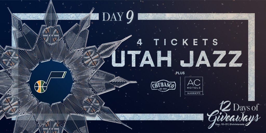 DAY 9: Win 4 lower bowl tickets to watch the <a href="/utahjazz/">Utah Jazz</a> take on the Chicago Bulls on 1/12, a one-night stay at AC Hotel SLC, and $80 for dinner at El Chubasco in the arena.
To enter: 
1⃣Follow @vivintarena
2⃣RT
3⃣Tag a friend
*Winner will be DM'd tomorrow after 9am