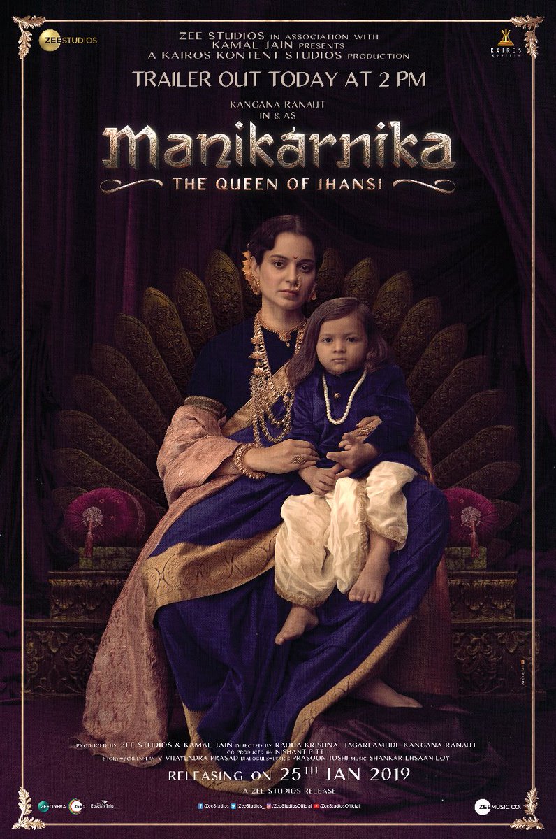 taran_adarsh's tweet photo. #ManikarnikaTrailer out today... New poster of #Manikarnika - The Queen Of Jhansi... Directed by Radha Krishna Jagarlamudi and Kangana Ranaut... 25 Jan 2019 release. https://t.co/r2hOgKuwVC