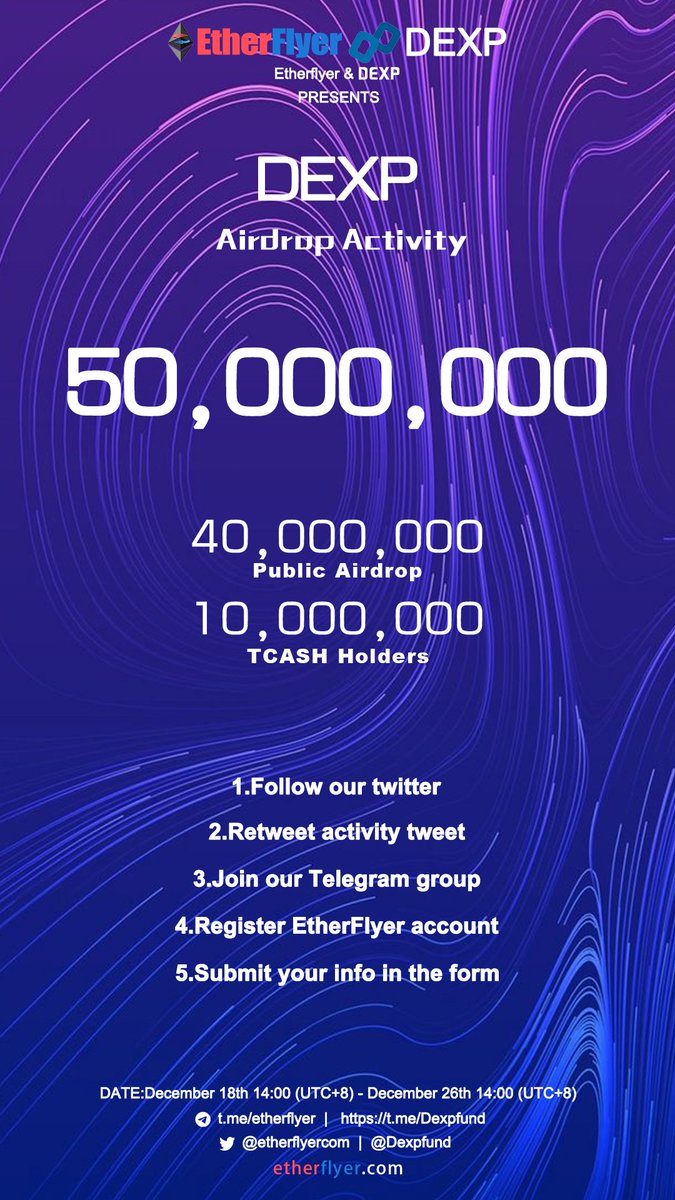 etherflyercom's tweet photo. 50 million DEXP Token Giveaway for Public Airdrop and TCASH Holders！ 😃@Dexpfund  @SuRaTech1   From December 18th 14:00(UTC+8) - December 26th 14:00(UTC+8)  More info：https://t.co/vKN8hQMSLg https://t.co/Gvl6p7wiGs