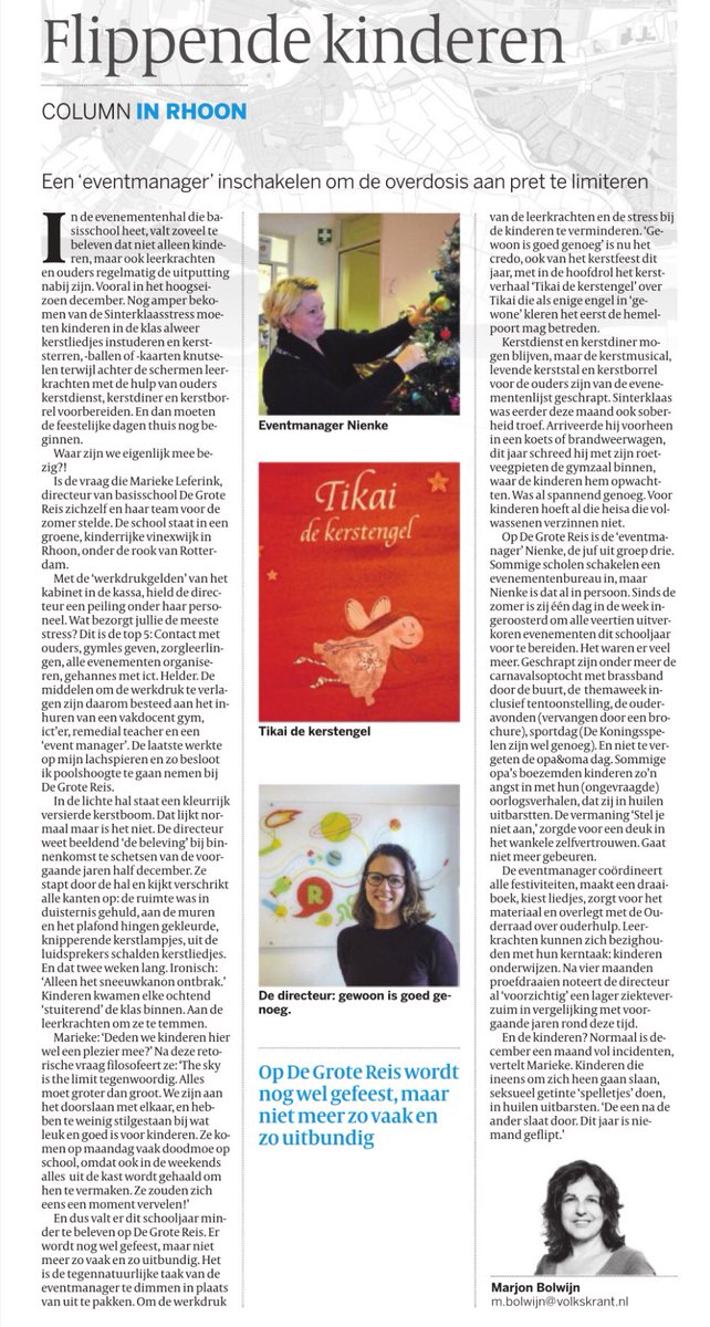 Zo kan het dus ook: 'eventmanager' is juf van groep 3 die vooral 'events' schrapt en versobert. Rust, reinheid regelmaat. Via <a href="/volkskrant/">de Volkskrant</a>