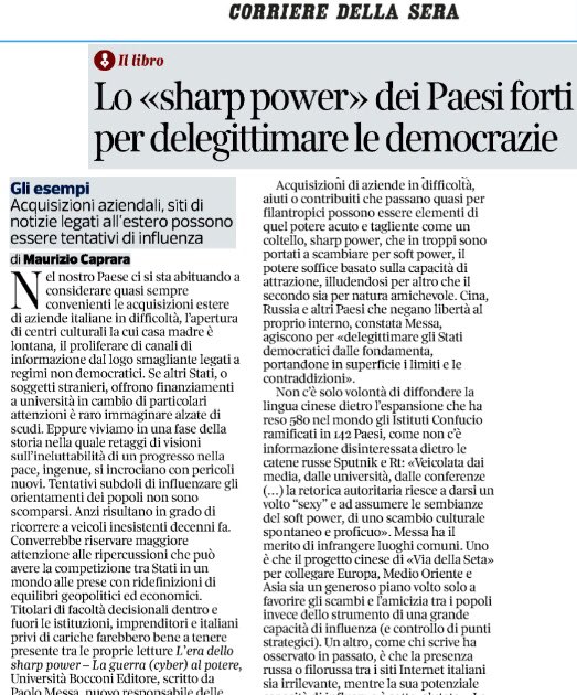 #SharpPower e tentativi di influenza straniera. #DaLeggere sul @Corriere della Sera di oggi la recensione, scritta da Maurizio Caprara (@dbcdan), del libro di @PaoloMessa per @egeaonline.