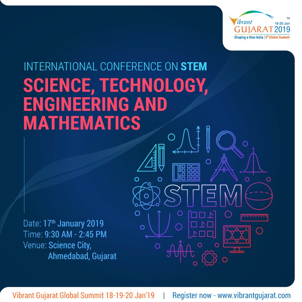 As part of the #VibrantGujarat 2019 Summit, Gujarat government is organizing an International Conference that'll deliberate on actionable solutions to promote STEM as a discipline. It'll feature speakers of international repute &amp; papers on the topic - stem.cteguj.in/#