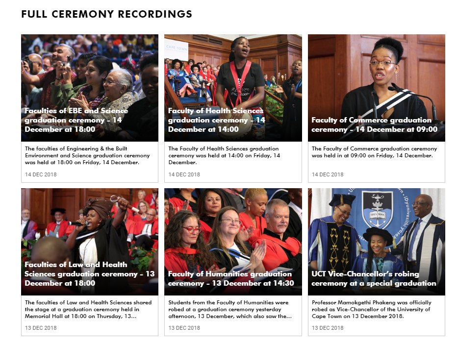 UCT_news's tweet photo. #UCTGrad2018 The 2018 December graduation season features six ceremonies, including the official robing of Vice-Chancellor Professor Mamokgethi Phakeng. View the full ceremony recordings: https://t.co/zR9ZW9bhV7 https://t.co/f2kZbJdlbq