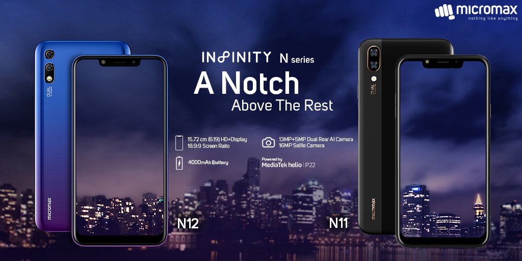 Micromax__India's tweet photo. Introducing Infinity N series with a stunning 15.72cm(6.19) 18.9:9 screen ratio HD+ NOTCH Display, 13MP+5MP rear camera with AI and a 4000mAh battery to give you the best smartphone experience. #InfinityNSeries https://t.co/XlcIlEsGz2