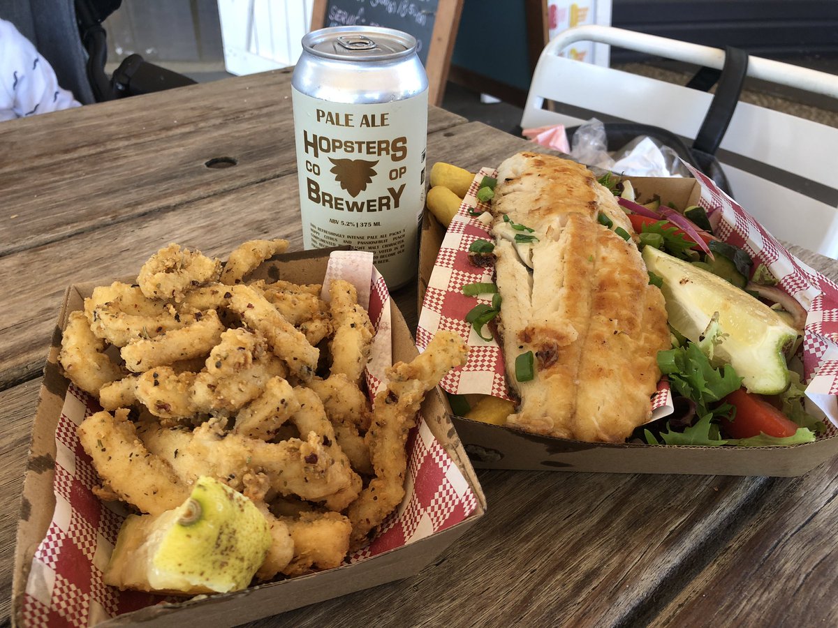 The zingy citrus and passionfruit flavours of the <a href="/hopstersau/">Hopsters</a> Pale Ale went down a treat with the calamari and grilled fish and chips + salad. #hopstersau #coopbrewery