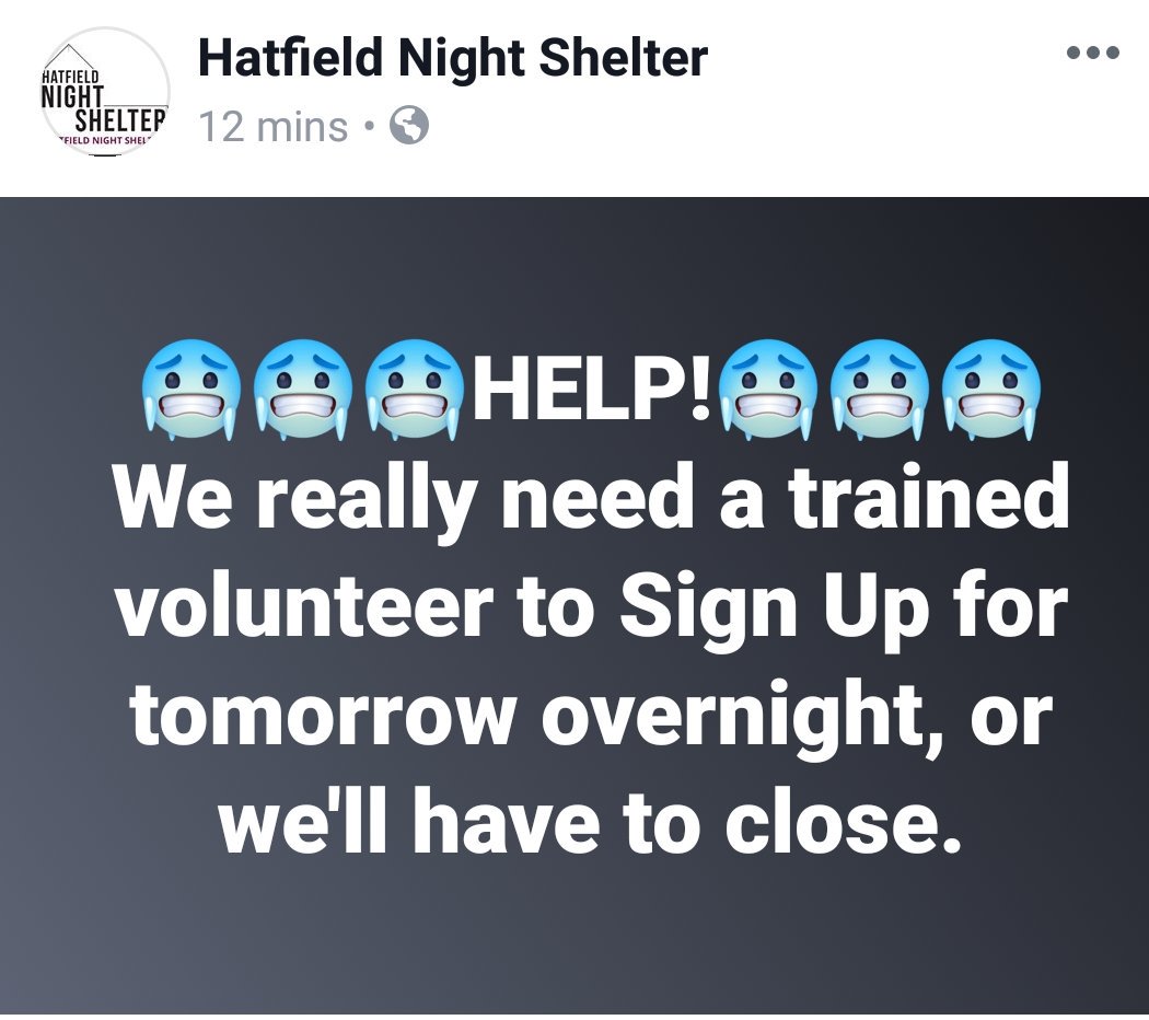 InKnitTogether's tweet image. Right #twitter can we plese pull together &amp;amp; help @HatfieldShelter to find trained #volunteers to help keep their #nightshelter opened tomorrow! Pls share &amp;amp; help them out #ThankYou 
#charitytuesday #homeless #homelessness #share