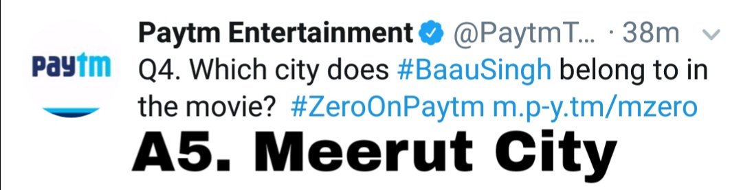 AbizzBatter's tweet photo. @PaytmTickets A4. Meerut City does #BauuaSingh belong to in the movie.

#ZeroOnPaytm https://t.co/SziUl7teIM