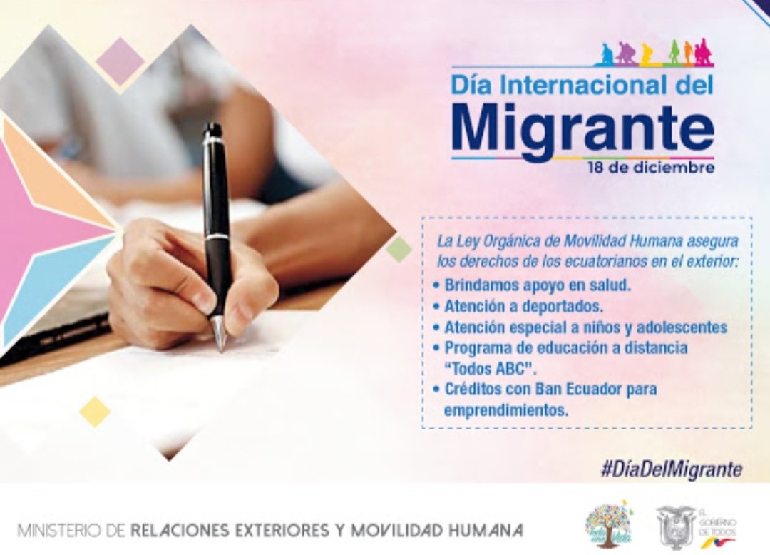 Un saludo a los migrantes. Que recuerden siempre que tiene una patria a la cual volver y que la <a href="/CancilleriaEc/">Cancillería del Ecuador 🇪🇨</a>, a través de sus Embajadas y Consulados está lista para brindarles sus servicios.  #DíaDelMigrante