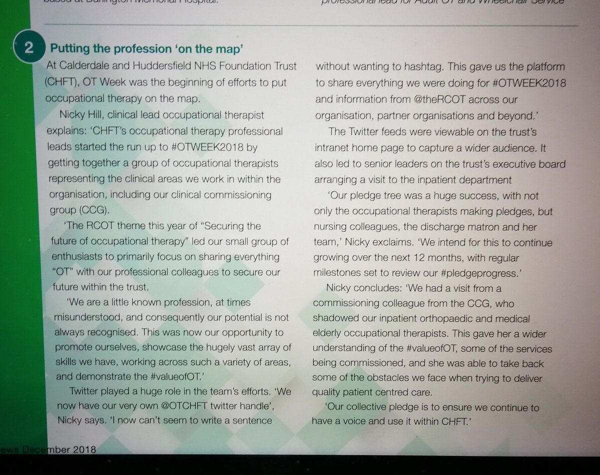 OTCHFT's tweet photo. @OTCHFT made it to print in @OTNews promoting the #ValueOfOT @CHFTNHS #OTWEEK2018... Yeah, not only putting OT on the map but CHFT too!! https://t.co/m52c1xcx41