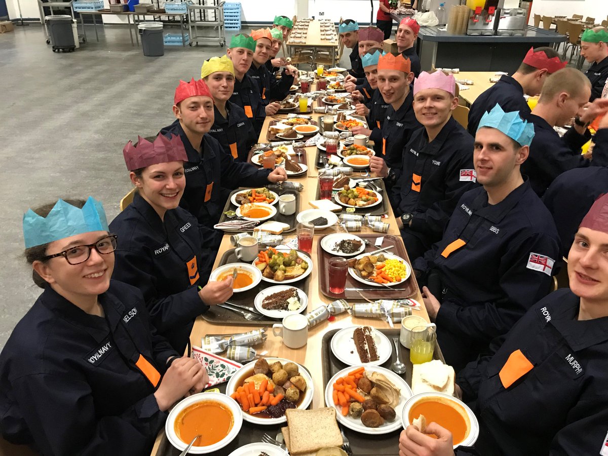 HMS_Raleigh's tweet photo. Last night was Christmas dinner for the recruits, phase two trainees and ship’s company junior ratings, served in true Naval tradition by the Officers serving at HMS Raleigh #christmas #yulethewaves https://t.co/1QGEDsC2ps