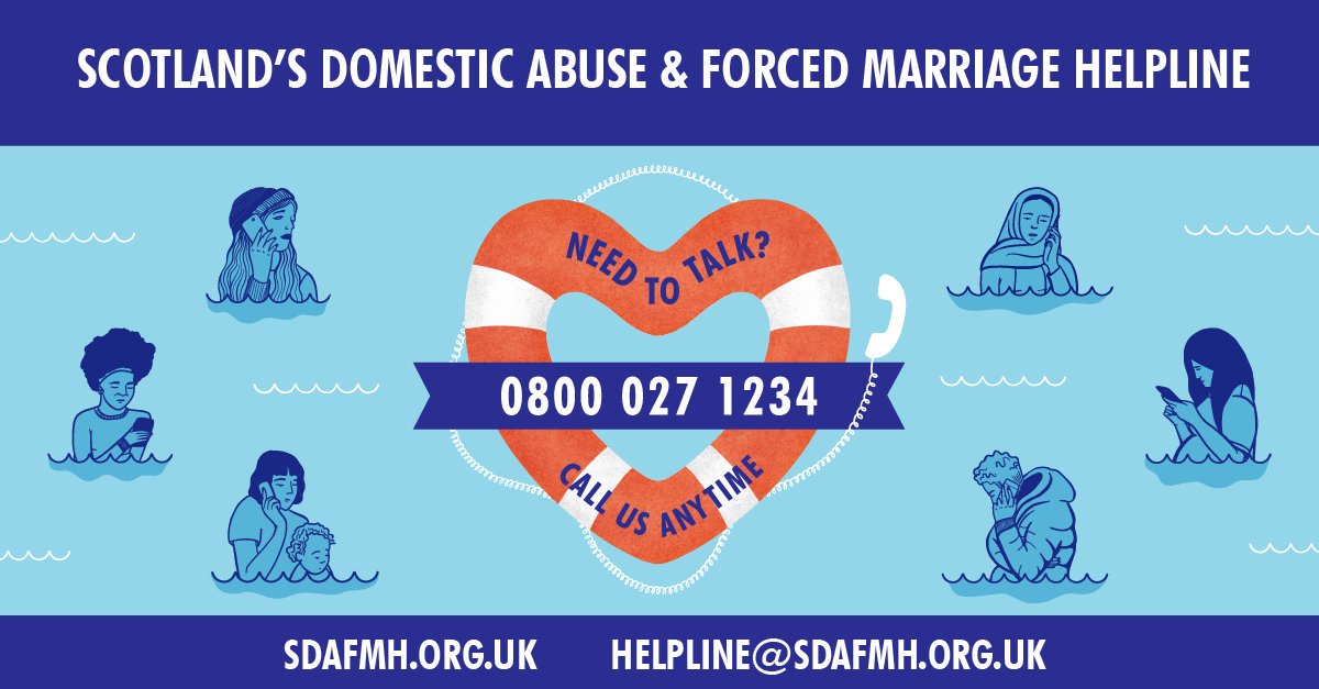 Illustration of the sea with people on phone looking distressed. In the middle, a heart shaped life ring that says Need to talk? Call us anytime: 0800 027 1234 / sdafmh.org.uk / helpline@sdafmh.org.uk