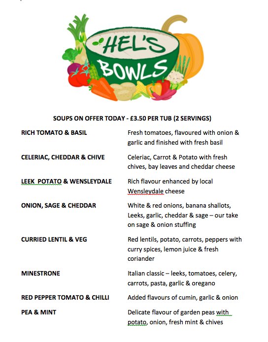 BaildonMarket's tweet photo. Warming winter soups available from Hel's Bowls this Saturday. Helen will also be selling her limited edition mulled cranberry coulis - she recommends you either drizzle it into Christmas soups, serve as a relish with meat or cheese, or just add to prosecco or gin. https://t.co/HuhyW2Bo1j