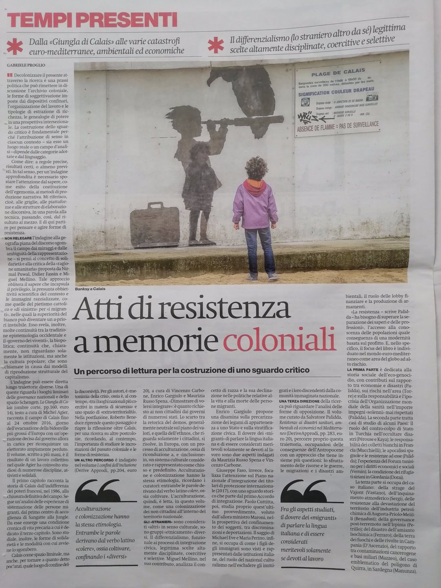 gabrieleproglio's tweet photo. Atti di #resistenza a #memorie #coloniali - oggi su @ilmanifesto il mio articolo su #confini, #migrazioni e #Mediterraneo, a partire da tre recenti volumi collettanei appena usciti per @ombrecorte e @DeriveApprodiEd. https://t.co/icLHrCAU8C https://t.co/BwGjkwk1WJ