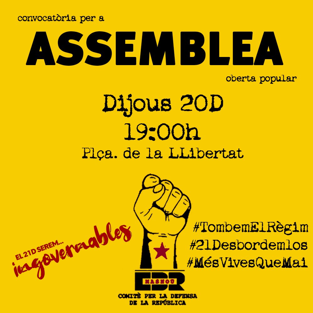 CdrMasnou's tweet photo. Bon dia poble!

Parlem del 21D?

Doncs recorda que aquest  dijous 20 de desembre a les 7 del vespre, hi ha assemblea oberta del  #CDR @CdrMasnou. A la plaça LLibertat.

Vine i participa!

#CDRenXarxa #21DESBORDEMLOS #CDREnLLuita
#21DPagaranLaVagaDeFam #ingovernables https://t.co/v73xZxInkO
