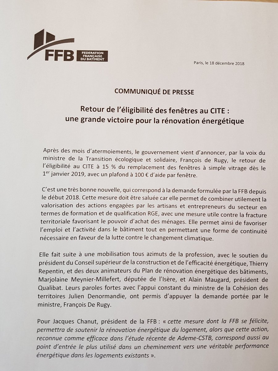 FFBatiment's tweet photo. ⚠️Le #CITE est élargi au changement de fenêtres. C est une grande victoire pour la rénovation énergétique. C est un de nos combats de longue date ! #LaPassionDeConstruire https://t.co/64dhK6MExC