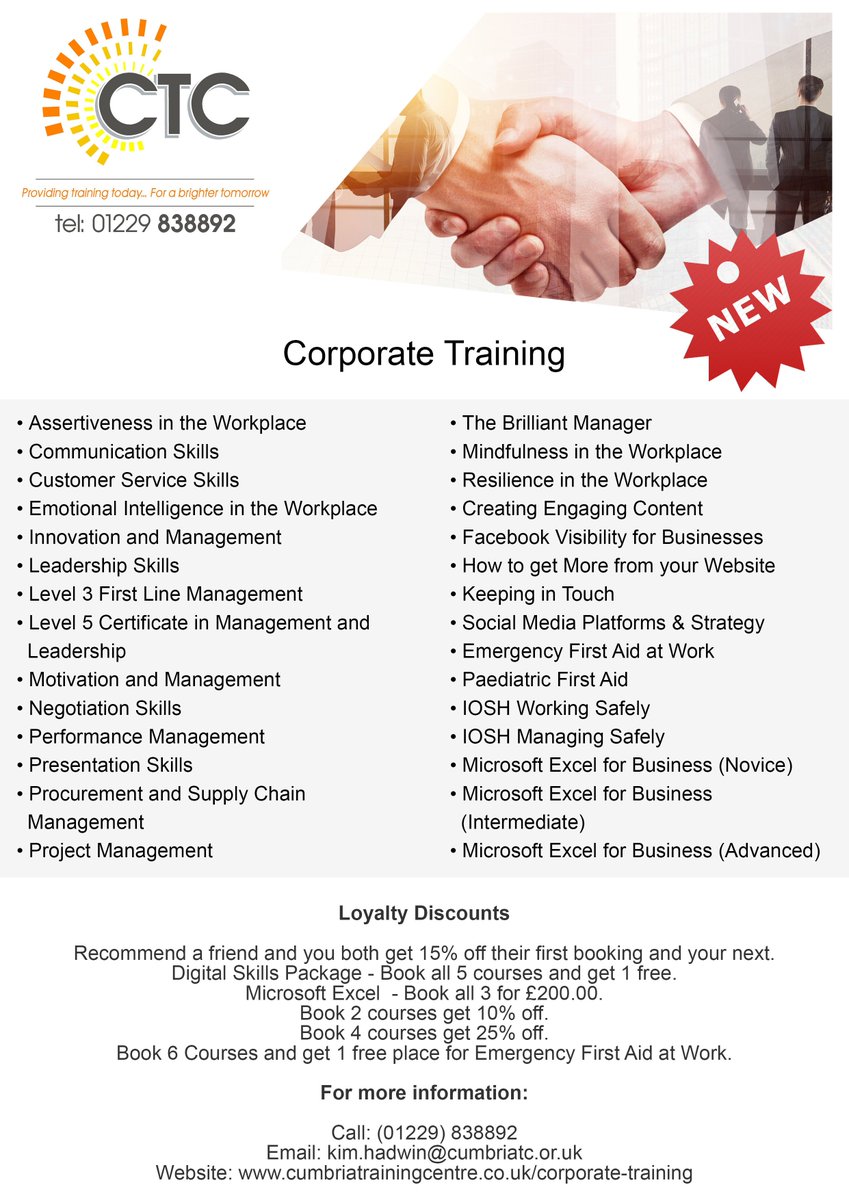 Cumbria_TC's tweet photo. Corporate Training for your Business - Book before December the 31st and get an extra 10% discount on top of any other promotion.

For a full list of prices and timetable of our courses visit our website today: https://t.co/XkEhZouLSy https://t.co/XVii8mR6nP