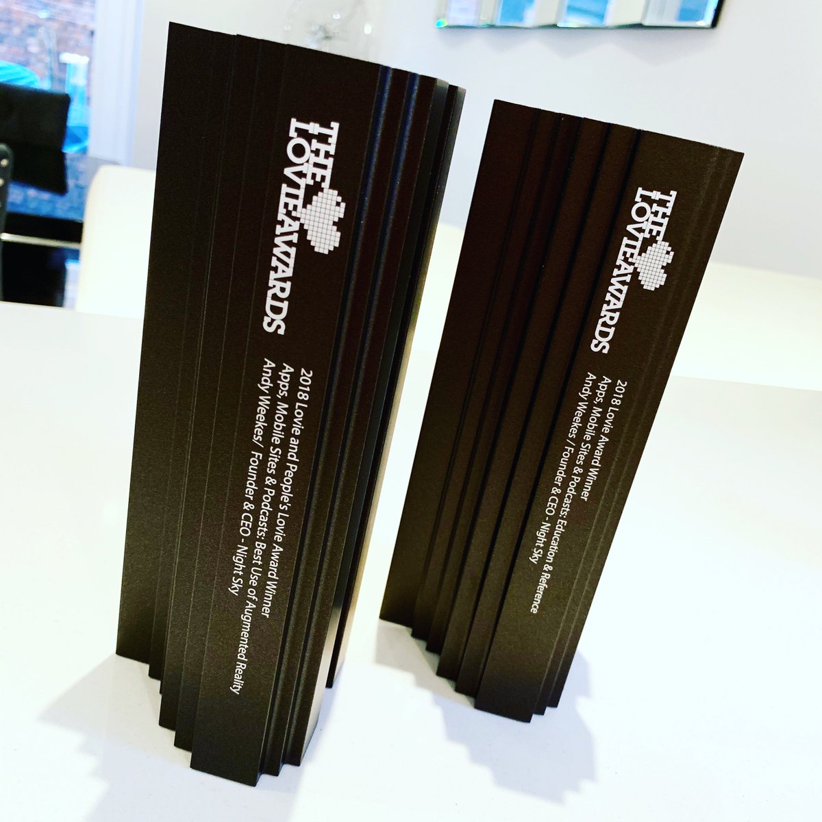 NightSky's tweet photo. Nice surprise in the post today… our official The Lovie Awards #Statuettes have arrived! #BestUseofAugmentedReality #NightSky #BestEducation #BestReference #PeoplesLovie #iOS #LovieAward https://t.co/b7ISU54h9n