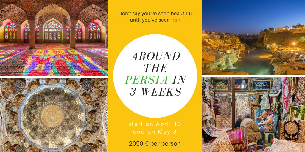 apochitravel's tweet photo. Explore #Iran in 3 weeks with Apochi. You will visit #Tehran, #Hamedan, #Kermanshah, #Ahvaz, #Shiraz, #Meymand, #Kerman, #Shahdad, #Bam, #Yazd, #Isfahan, & #Kashan. 2050 € per person.
Visit: https://t.co/36Q0AK9FAM
For more information contact tour@apochi.com https://t.co/BQVd5tHZkA