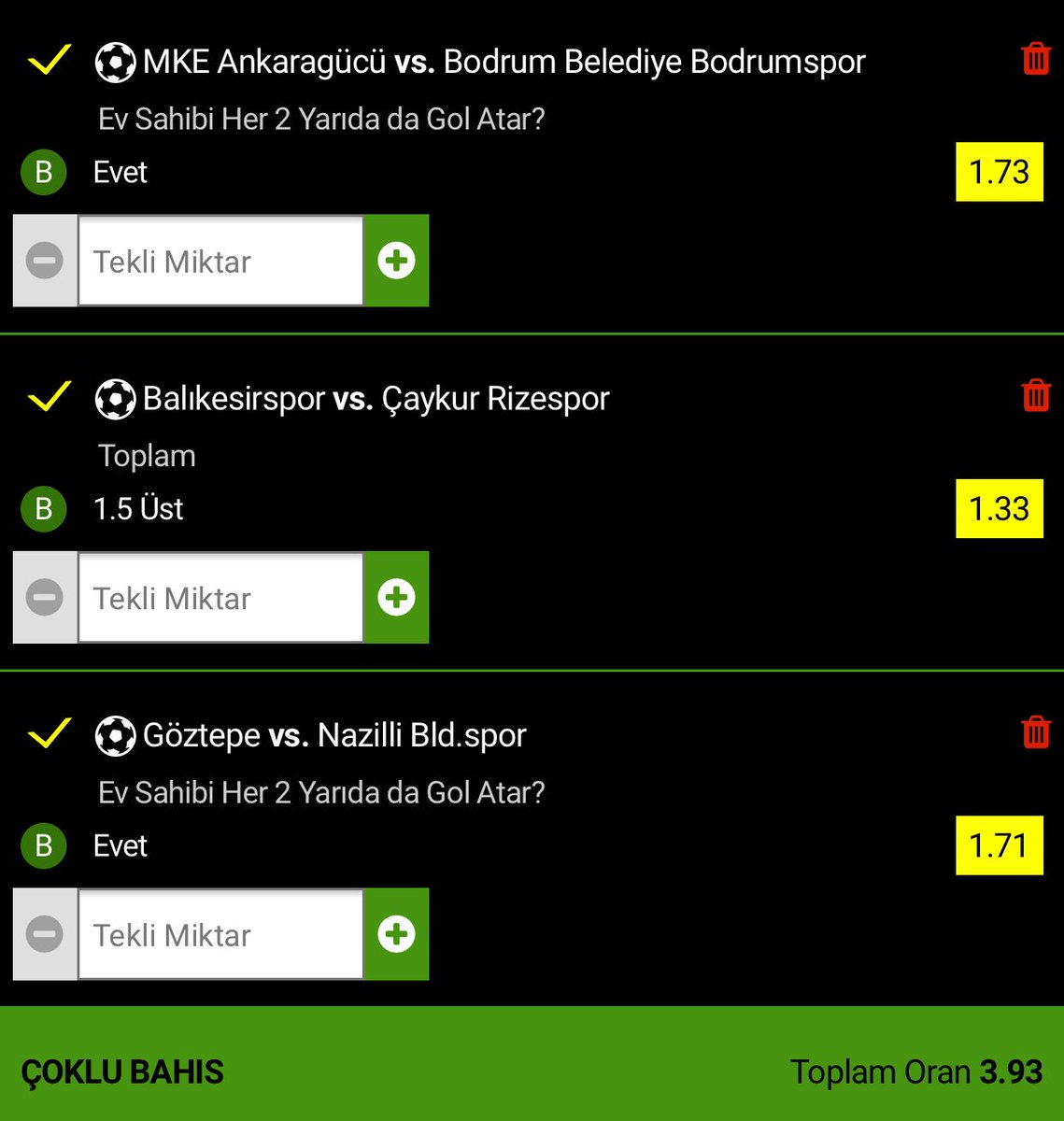 rolltipsroll's tweet photo. Ankaragücü-Bodrum🇹🇷
Ev sahibi iki yarıdada gol atar-1.73⚽️
Balıkesir-Rize🇹🇷
1.5 üst-1.33⚽️
Göztepe-Nazilli🇹🇷
Ev sahibi iki yarıdada gol atar-1.71⚽️
Oran:3.93✊
Bol şans
#RollTipsRol https://t.co/LMQoChbR3n