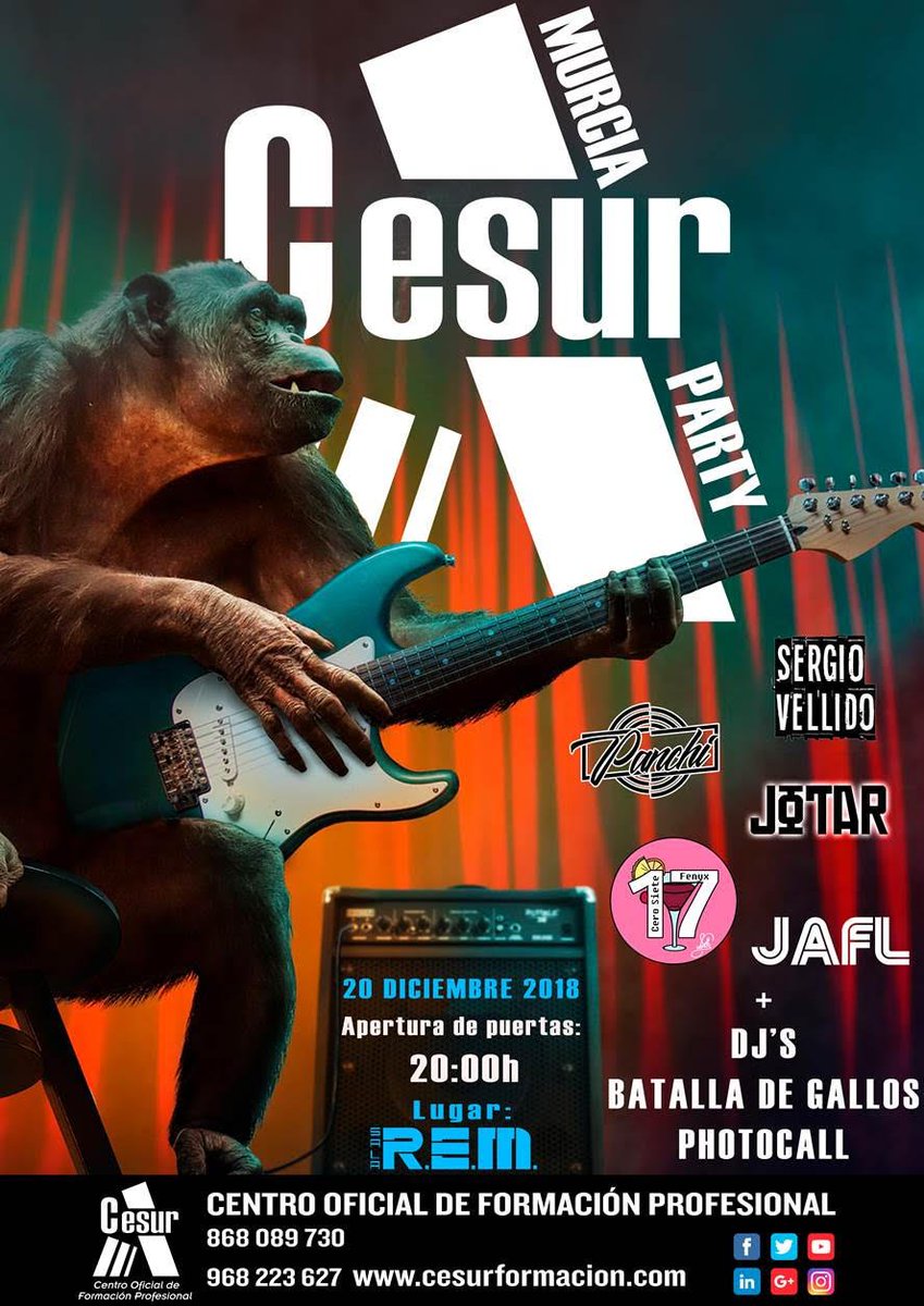 BlancaLeal_'s tweet photo. 🐵Este jueves 20 de diciembre tendremos la #CesurMurciaParty! 🙊Con actuaciones de #CesarVellido, #Jotar, #Panchi y una #BatalladeGallos, #Djs y muchas cosas más! Celebrando #CesurFormaciónProfesional! #FP @cesurformacion @SalaRem #Murcia #CesurMurcia https://t.co/vRSREm6Dnr