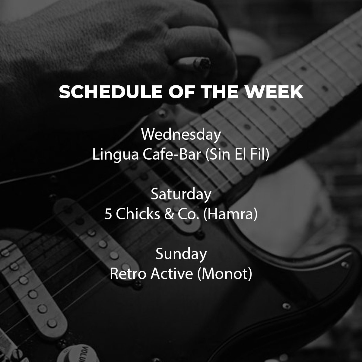 chadynashef's tweet photo. Schedule of the week, see you all! (19 Dec. till 23 Dec.)

#chadyandtheband #lebanesebands #lebanon #covers https://t.co/brRTY9BHB9