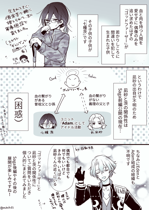 >(前略)Saga前編をやっと読み終わったんですが、未だに凪砂、茨、ゴッファの関係がファ!?って… https://t.co/V82dxeTjDV #odaibako_Makochi21
Adam推しの私も未だに困惑してます…今月20日にはsaga後編の予告もくるので関係性を簡単にまとめてみましたが…わかりにくいなぁコレ!?