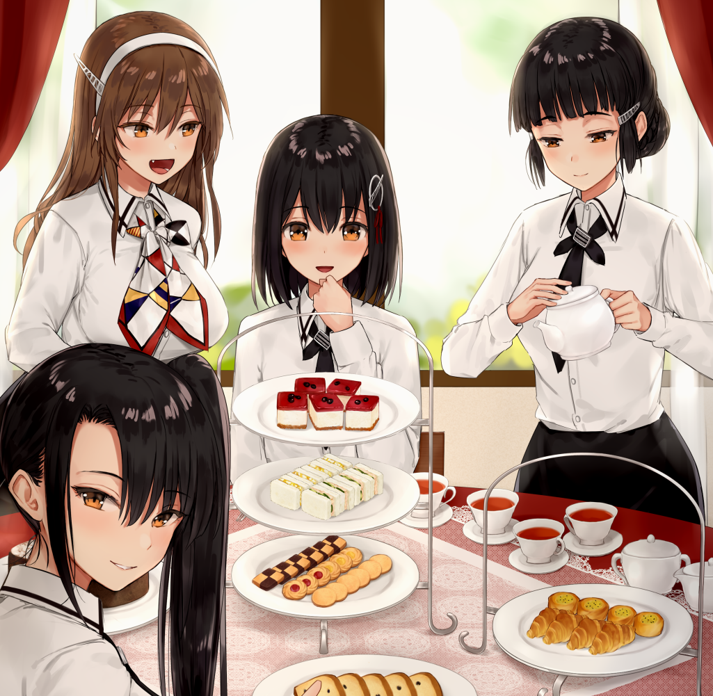 ashigara (kancolle) ,haguro (kancolle) ,myoukou (kancolle) ,nachi (kancolle) 4girls multiple girls tiered tray cookie long hair brown eyes food  illustration images