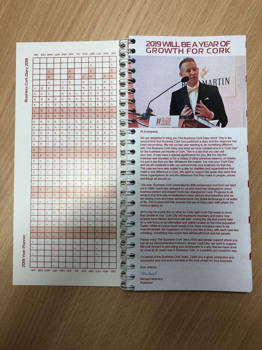 michaelrmulcahy's tweet photo. The @BusinessCork Diary 2019 has arrived from our printers with our ‘Cork Day’ for a range of Cork businesses and this year we have a range of Cork charities that are also benefiting from a ‘Cork Day’ to promote their organizations and services #BestinCork18 #BestinCork19 https://t.co/xHYevwovfG